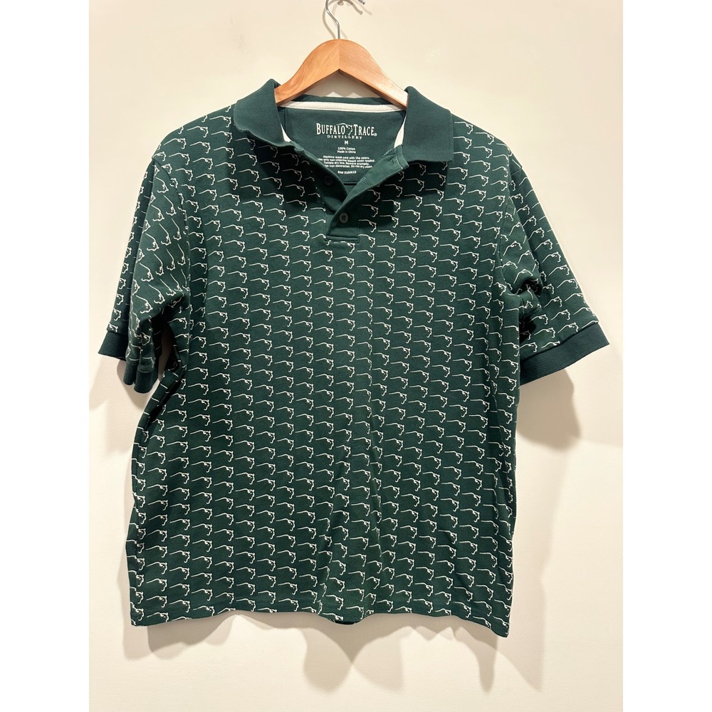 Buffalo Trace Distillery Polo Shirt Green All Over Print Buffalo Logo M